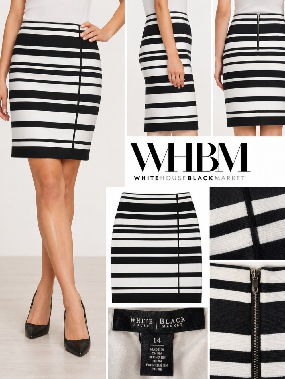 White House Black Market Black and White Striped Pencil Skirt